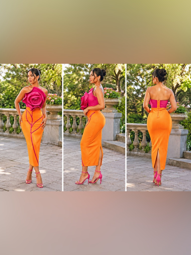 Silhouette Fuchsia And Orange Strapless Midi Dress With Sculpted Floral Bodice